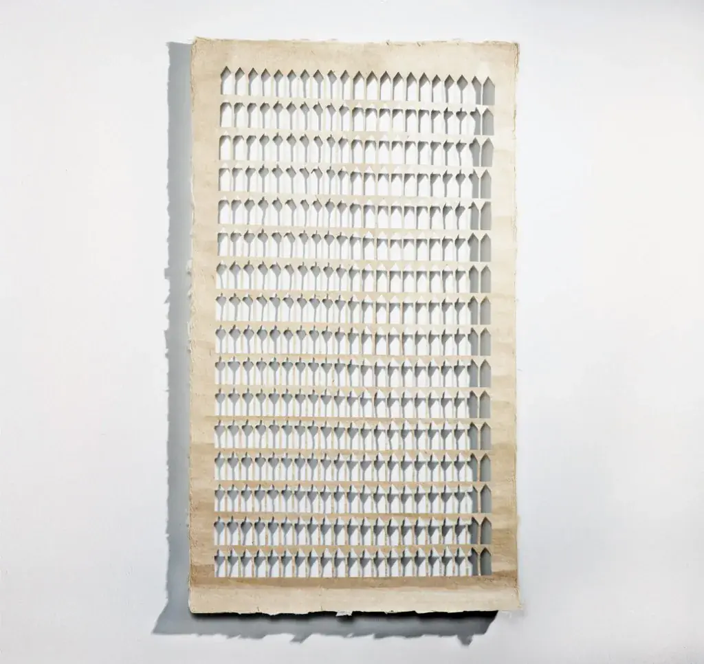 Zarina cut-paper work reproduced with Leah Ollman’s Art in America review