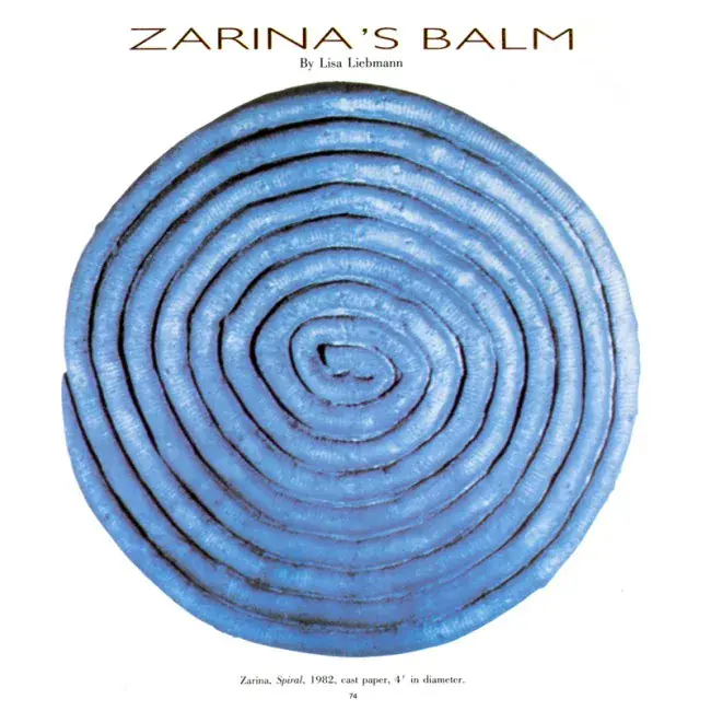 First page of Lisa Liebmann’s Zarina’s Balm, illustrating Zarina’s Spiral (1982).