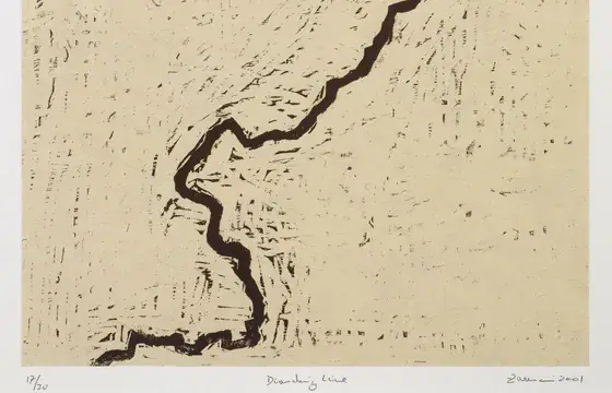 Zarina, Dividing Line, 2001. Woodcut printed in black on Nepalese handmade paper mounted on Arches cover white paper, 25 ¾ × 19 ¾ inches. Photo: Lamay Photo.