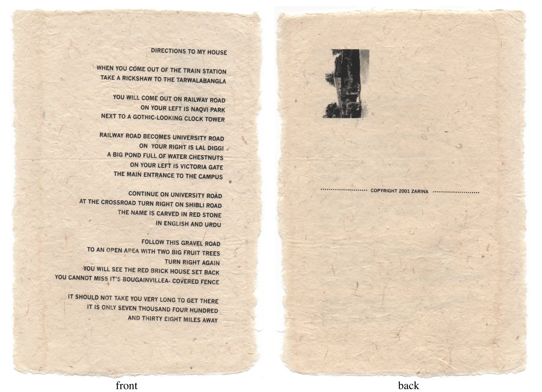 Directions to My House, 2001, by Zarina