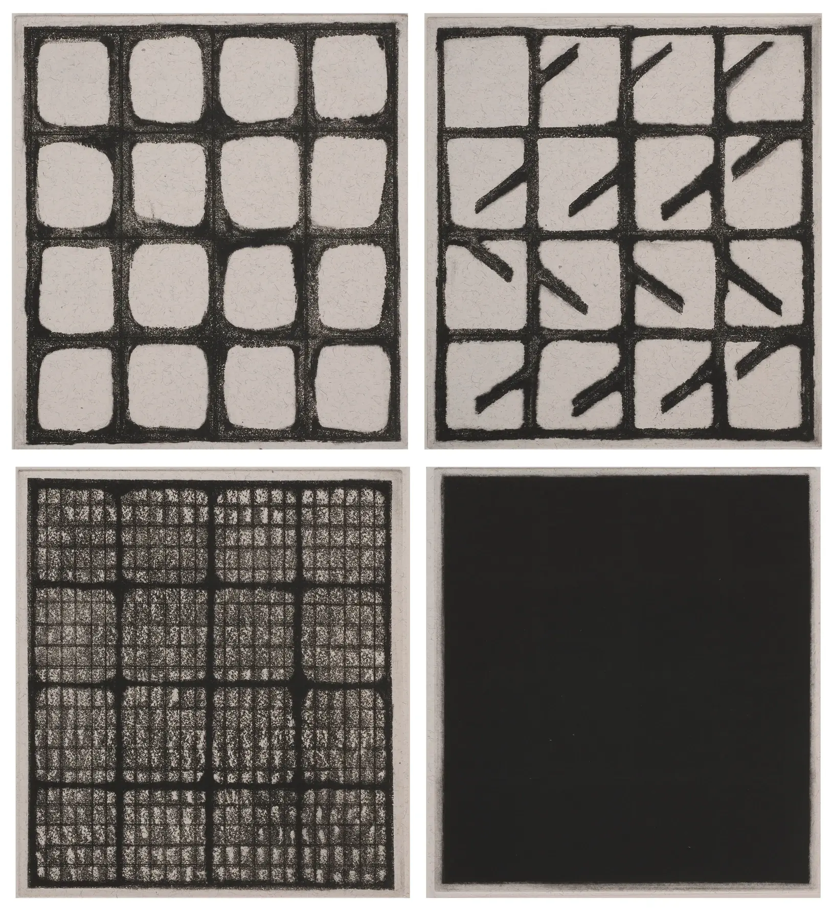 House of Many Rooms, 1993, Zarina’s four-part etched sequence of window, diagonal, grid, and dark field