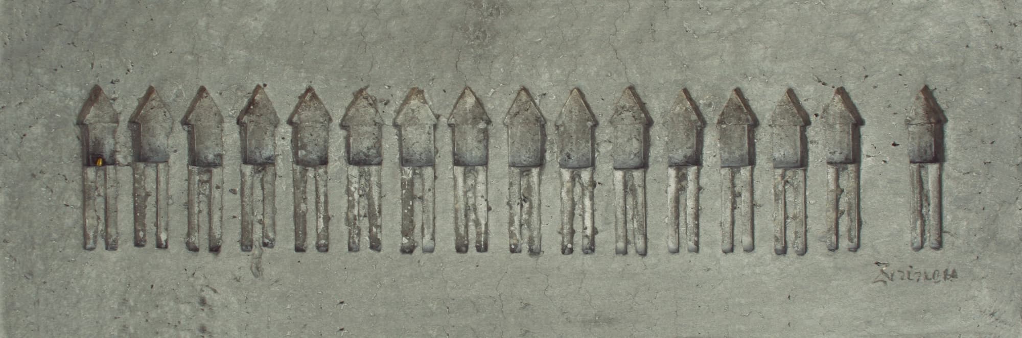 Homes, 1981, a long cast-paper relief of repeated house forms incised into a fibrous grey surface