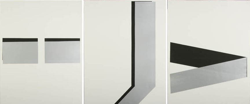 Three untitled serigraphs from 1971 in which black and silver planes shift across adjoining sheets