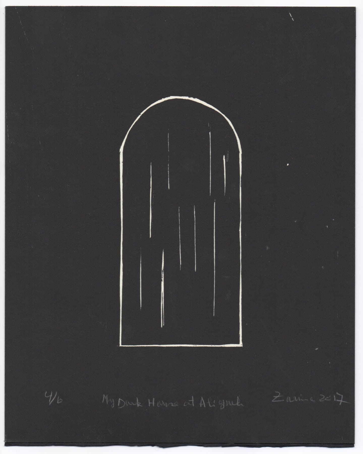 Zarina’s My Dark House at Aligarh, a white arched threshold held within a black sheet