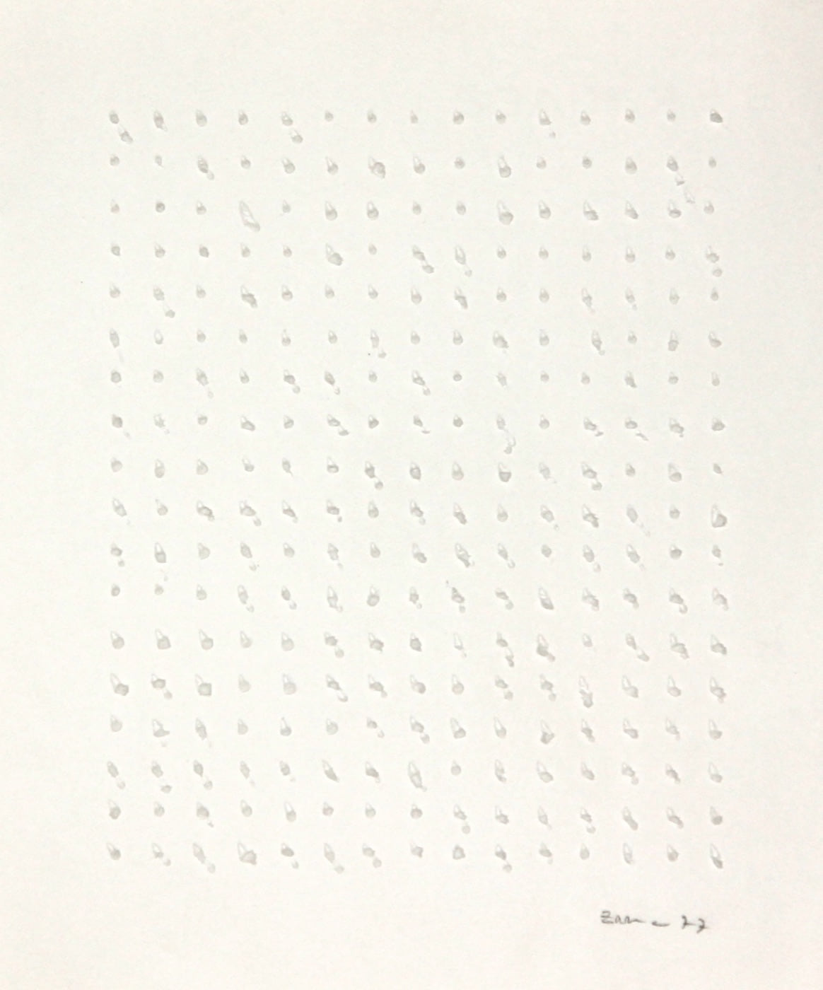 Untitled, 1977, a pale pin drawing formed from repeated punctures arranged in rows
