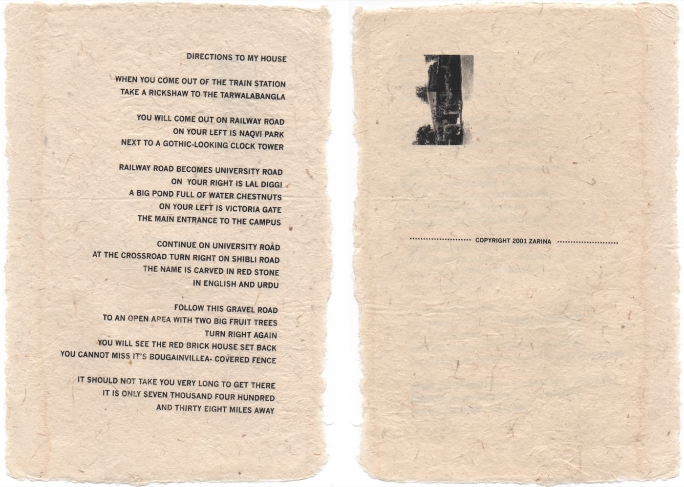 Directions to My House, 2001, by Zarina