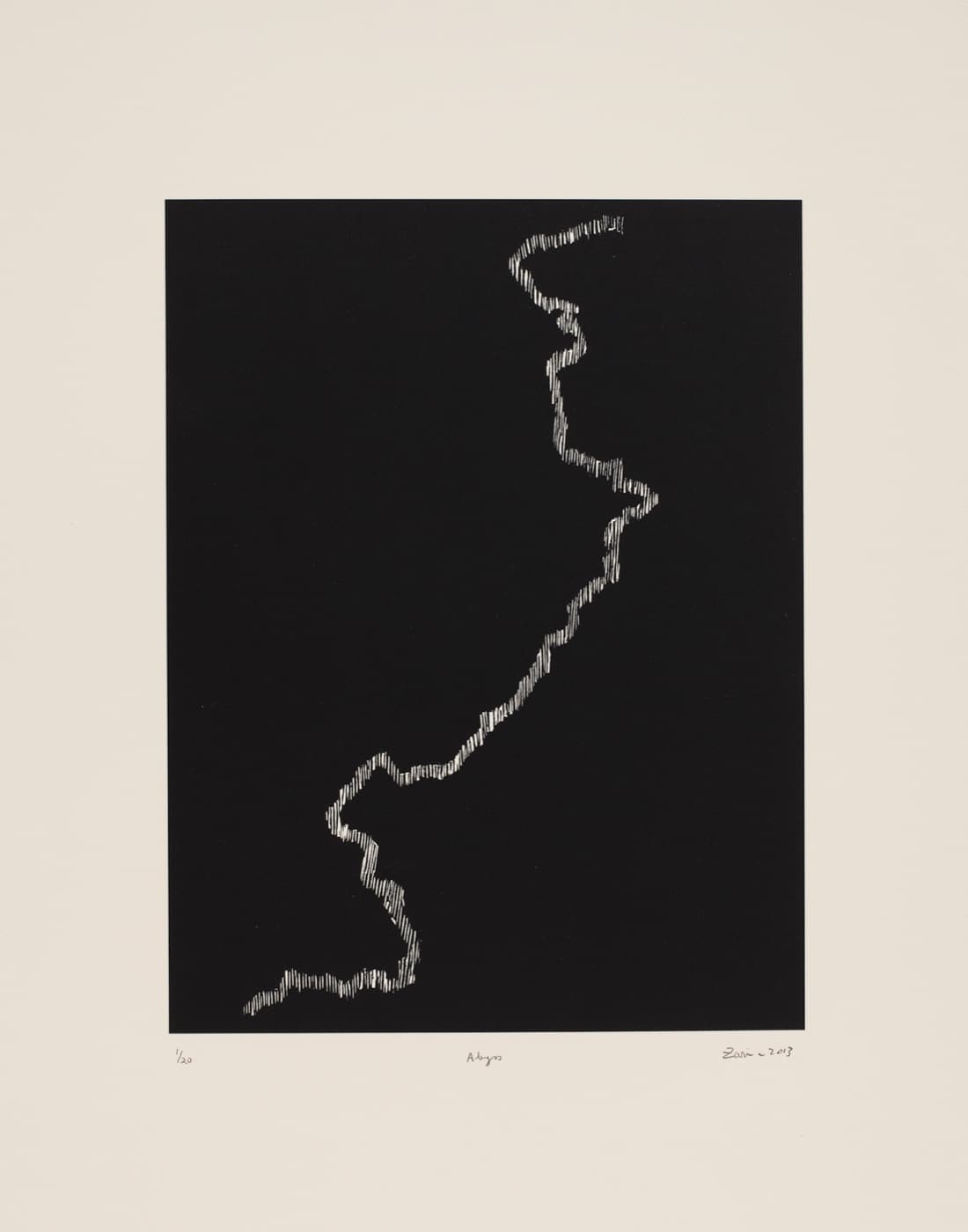 Abyss, 2013, Zarina’s white border line cutting through a deep black woodcut field