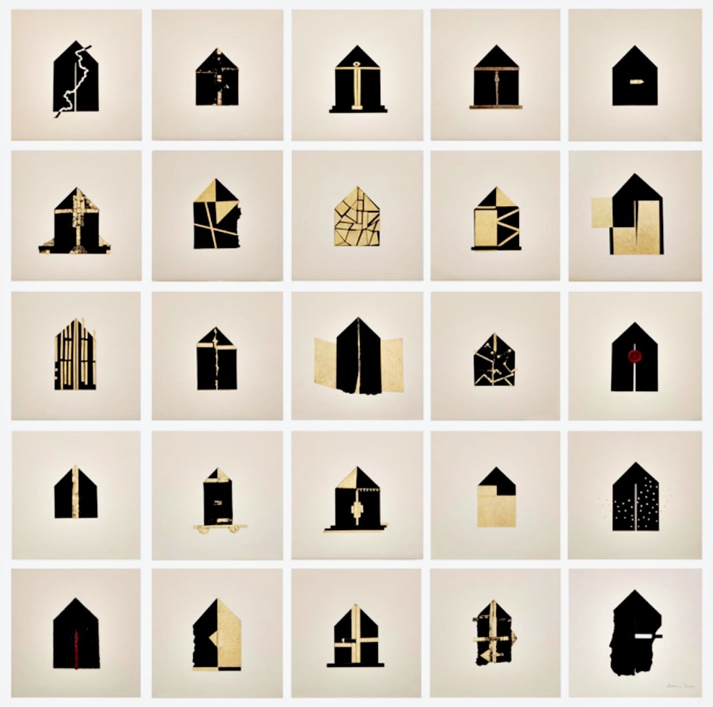 Folding House, a grid of black and gold house forms by Zarina