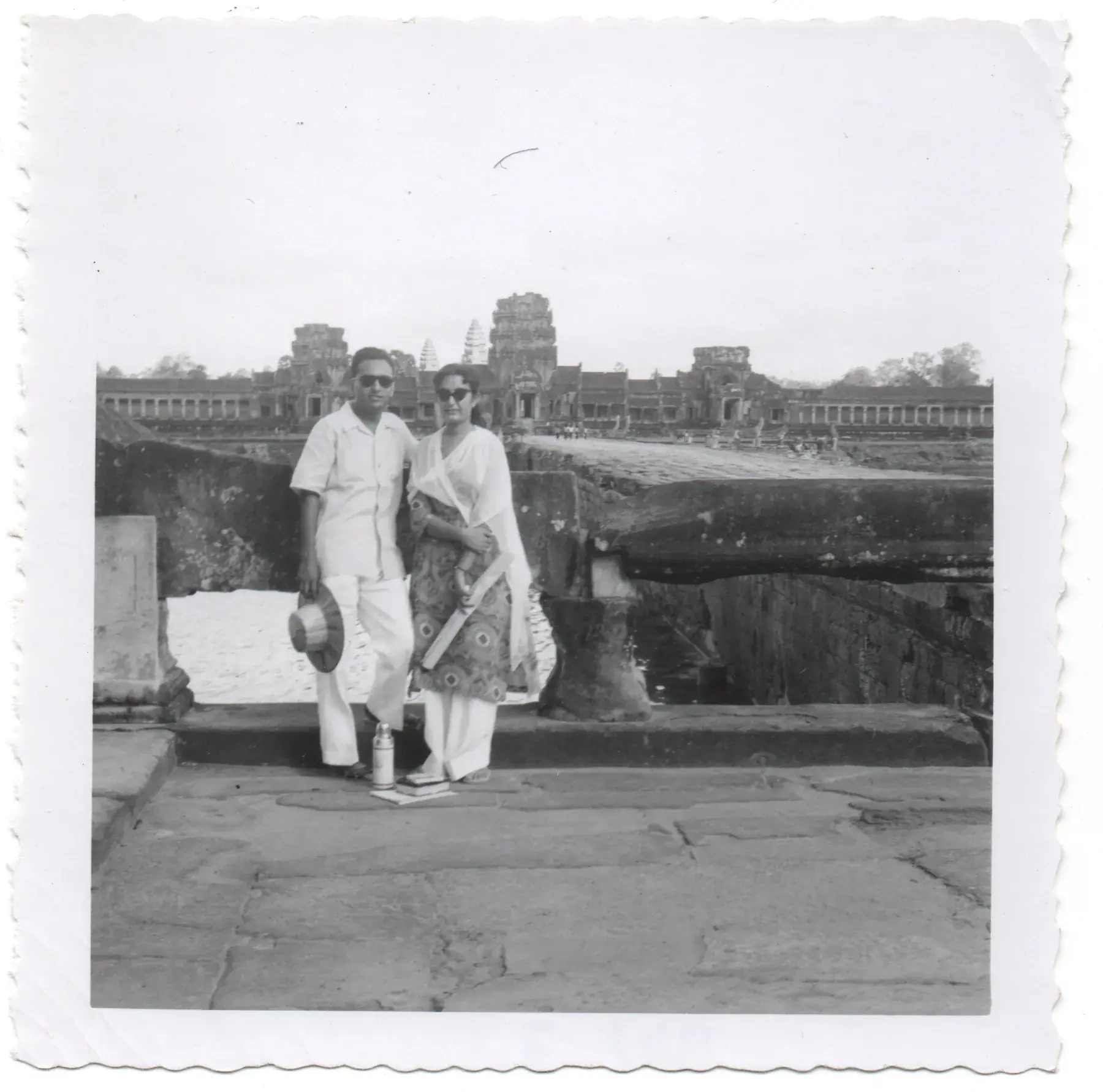Zarina and Saad Hashmi standing at Angkor Wat in 1959 or 1960