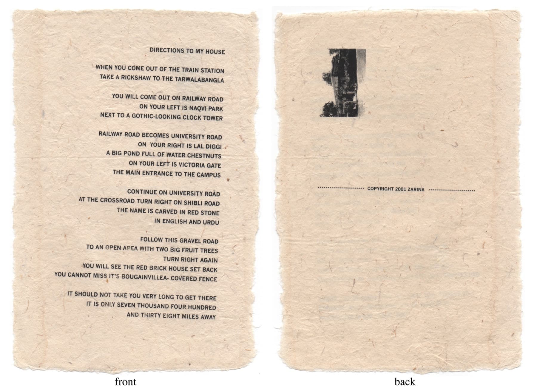 Front and back of Zarina’s Directions to My House on handmade paper
